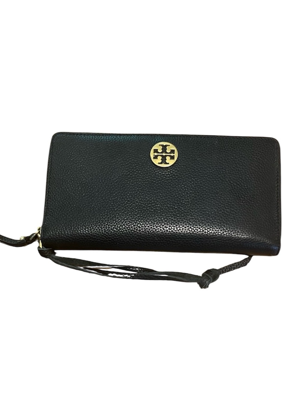 Tory Burch Black Pebbled Leather Zip-Around Wristlet with Gold Logo - Picture 1 of 9
